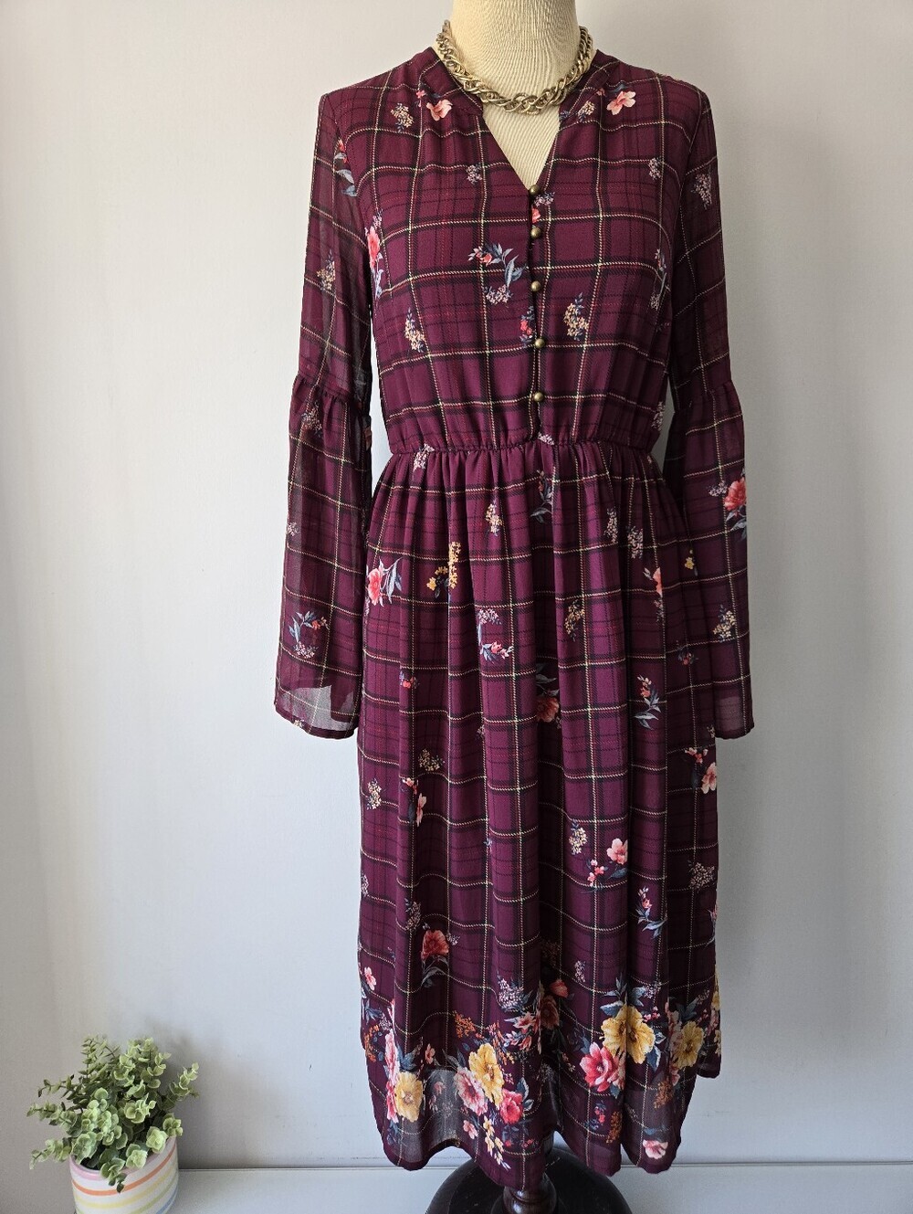 Orange Creek Burgundy Plaid Floral Long Sleeve Midi Dress. Size Small